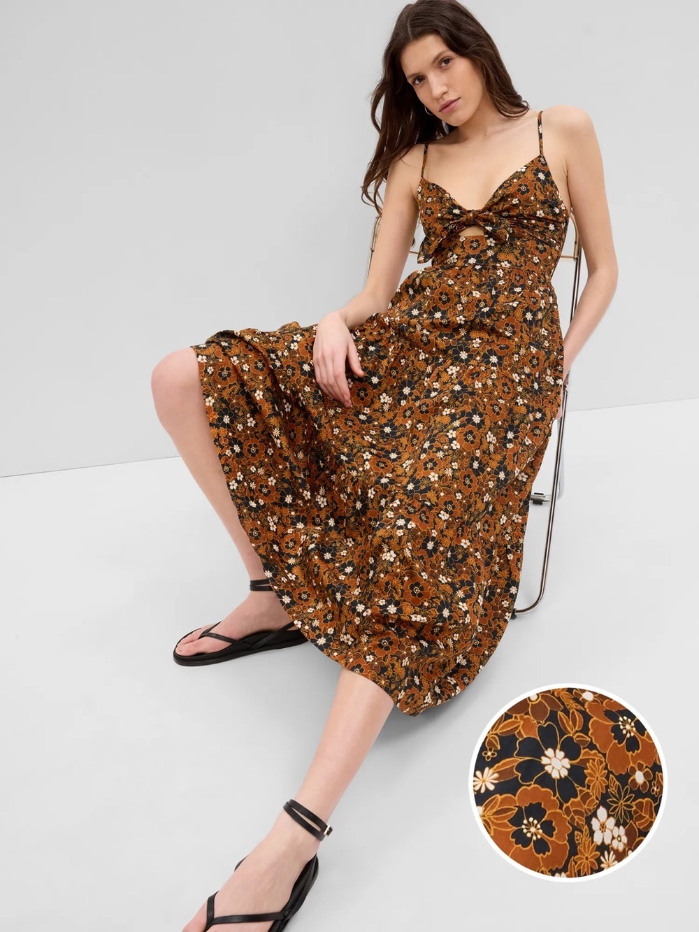 GAP Tie-Front Cutout Maxi Dress - Brown floral Size M Petite